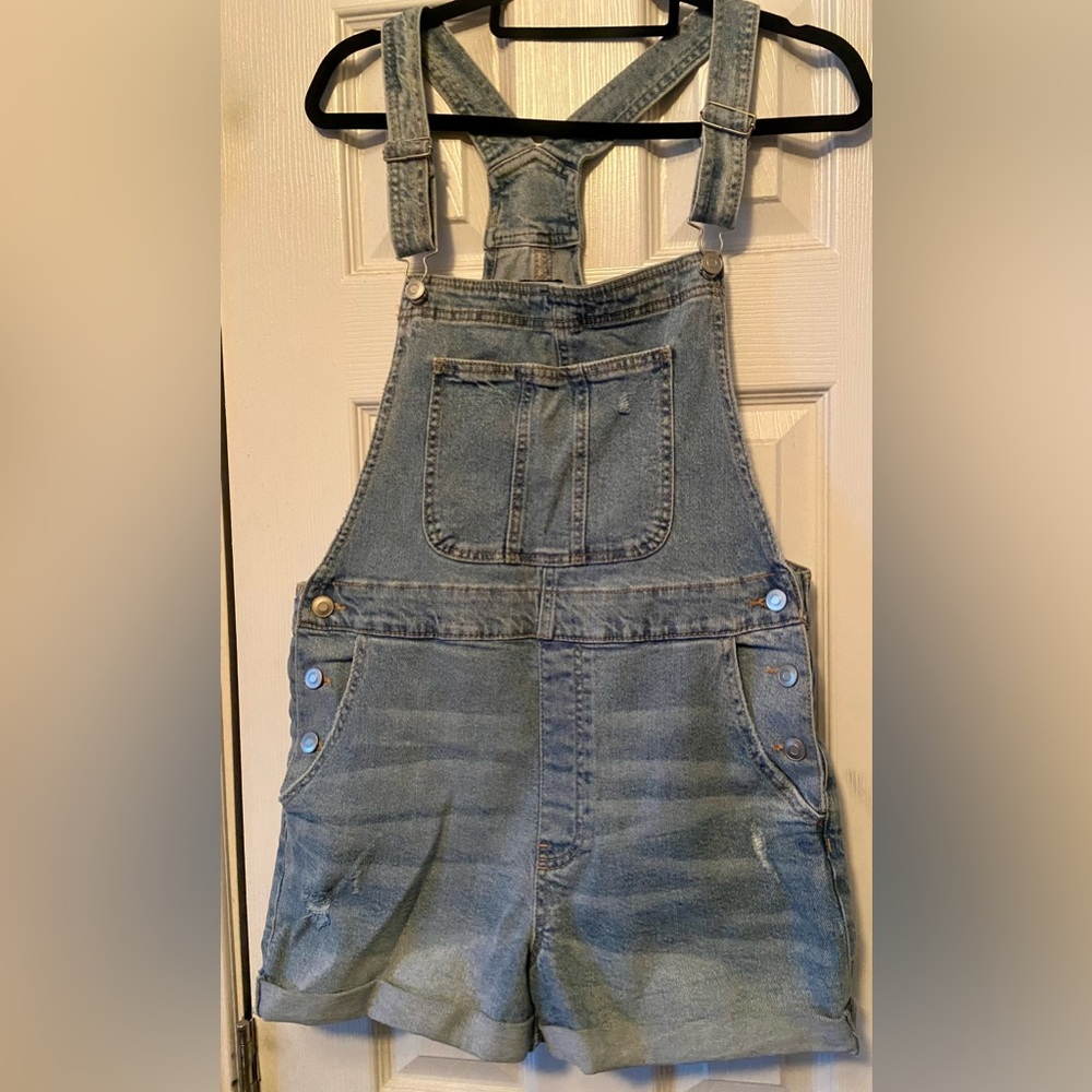 Distressed denim overall shorts